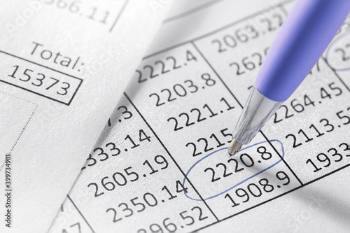 Financial data analyzing and report chart data, pen marking financial data.
