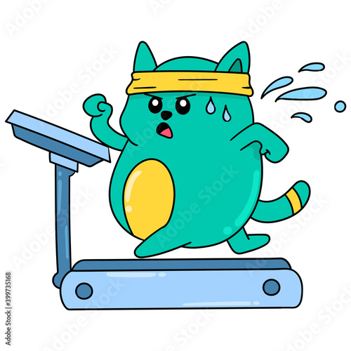 fat cat is exercising to get in shape doodle kawaii. doodle icon image