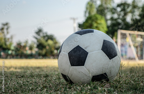 An old soccer ball on the lawn in a still sunny evening. © Thongchai