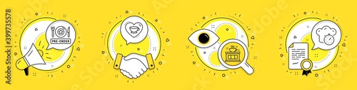 Pre-order food, Coffee shop and Love coffee line icons set. Megaphone, licence and deal vector icons. Cooking timer sign. Restaurant meal, Tea house, Cappuccino mug. Stopwatch. Vector