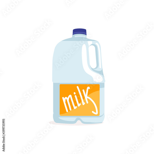 Plastic milk bottle. Dairy beverage packaging with screw cap. Natural fresh healthy product packaging template design flat vector illustration isolated on white background