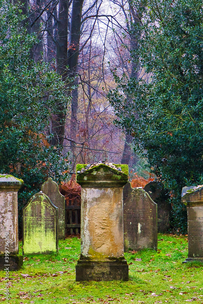 Fototapeta premium Old jewish graveyard in autumn forest