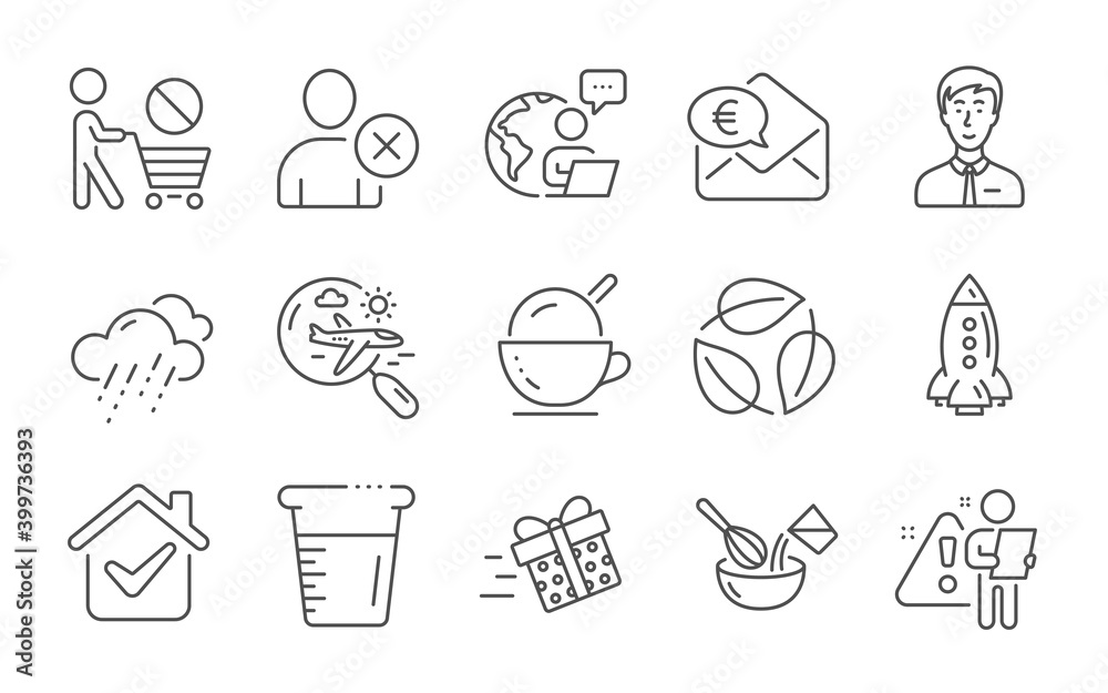 Ice cream, Leaves and Rainy weather line icons set. Delete user, Rocket and Cooking beaker signs. Present delivery, Businessman person and Euro money symbols. Line icons set. Vector
