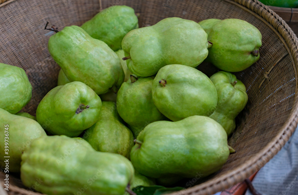 Close up fresh Guavas in wicker basket that Thai fruit gardener put for sale. Fresh organic pile of Guavas in wicker basket. Close up fresh Guavas in wicker basket that Thai fruit gardener put for sale. Fresh organic pile of Guavas in wicker basket.