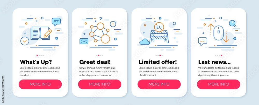 Set of Business icons, such as Integrity, Feedback, Eu close borders symbols. Mobile screen banners. Scroll down line icons. Social network, Book with pencil, Coronavirus restrictions. Vector