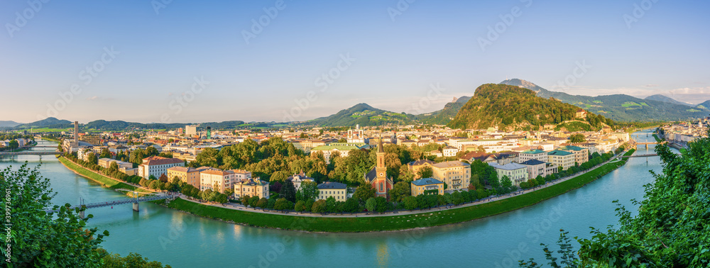 Panorama of the beautiful Austrian City Salzburg at sunset