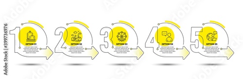 Ferris wheel, Users chat and Baggage reclaim line icons set. Timeline process infograph. Bike rental sign. Attraction park, Communication concept, Baggage carousel. Bicycle. Business set. Vector