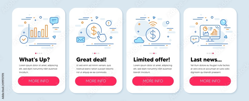Set of Finance icons, such as Contactless payment, Column chart, Buy currency symbols. Mobile screen app banners. Analytics graph line icons. Financial payment, Financial graph, Money exchange. Vector