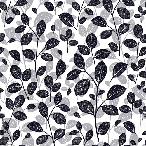 Black and white Vintage Seamless pattern. Branches and leaves. Vector.