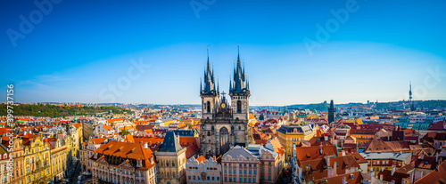 Aerial view over Church of Our Lady before Tyn at Old Town square in Prague, Czech Republic