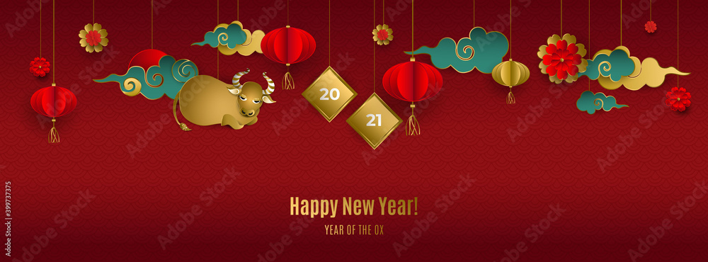 Naklejka premium Happy Chinese New Year 2021 of ox. Banner with hanging gold bull, clouds, lanterns, flowers on red background. For cover social network, cards, poster, invitation. Paper style. Vector illustration.
