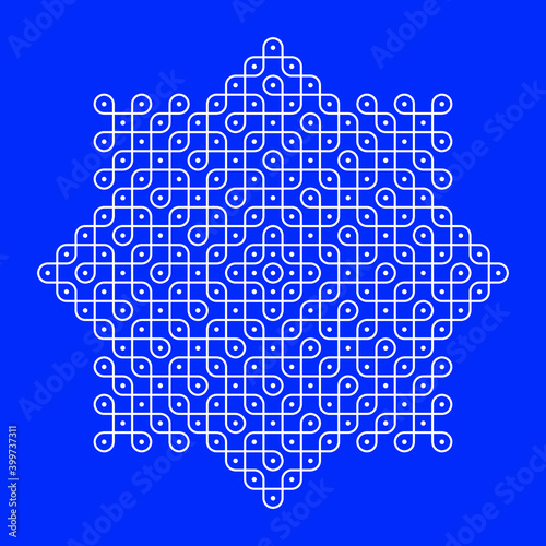 Rangoli or muggu or kolam is an art form originating in the Indian subcontinent. Patterns are created on the floor or the ground using materials such as limestone powder, rice powder or flower petals.
