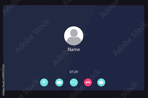 Application for video communication. Web interface with buttons for chat and video calls and video conferencing. Contact image on the screen of a computer, phone. Call window layout during quarantine.
