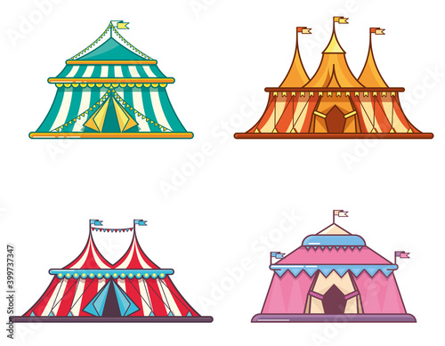 Circus tents in linear flat style. Different objects of amusement park.