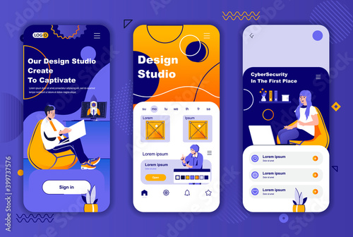 Design studio unique design kit for social networks stories. Front end development, startup project launch mobile screens for app. UI UX layouts vector illustration. GUI set with people characters.
