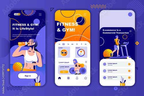 Fitness gym unique design kit for social networks stories. Sports club, healthy lifestyle and training mobile screens for app. UI UX layouts vector illustration. GUI set with people characters.