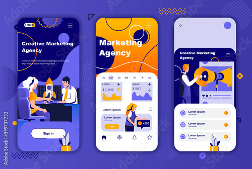Marketing agency unique design kit for social networks stories. Marketing strategy, PR service and branding mobile screens for app. UI UX layouts vector illustration. GUI set with people characters.