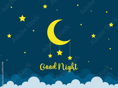 Night scene with moon and stars. Nightly sky with large moon. Good night sky card.