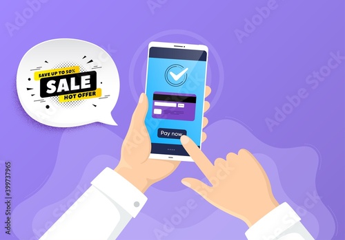 Sale 50 percent off banner. Pay by credit card from phone. Discount sticker shape. Coupon tag icon. Sale 50% badge. Online payment by credit card. Hand hold smartphone. Vector