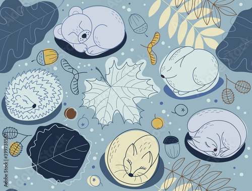 Seamless pattern with leaves oak and aspen, acorns, fox and squirrels in winter. Background for fabric, textile, posters, gift wrapping paper, napkins, tablecloths.