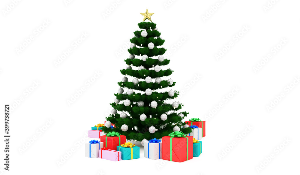 Christmas Tree decorated with a garland and toys and a big star at the top with Heap of Gift Boxes Christmas Tree decorated with a garland and toys and a big star at the top with Heap of Gift Boxes