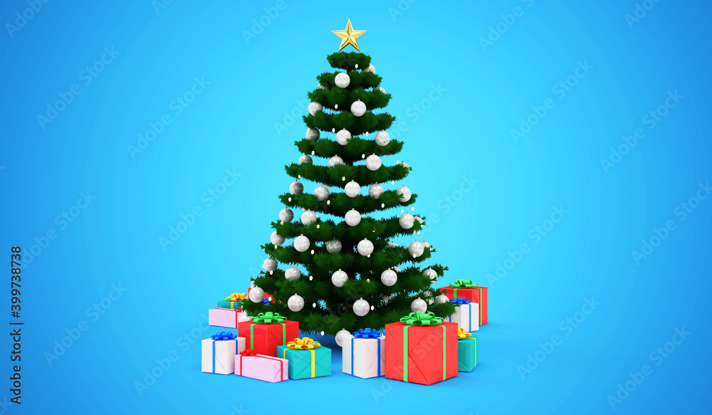 Christmas Tree decorated with a garland and toys and a big star at the top with Heap of Gift Boxes on blue studio background Christmas Tree decorated with a garland and toys and a big star at the top with Heap of Gift Boxes on blue studio background