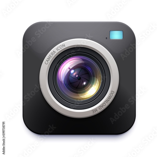 Photo or video camera icon, vector digital sign, button with lens flare. Isolated label or emblem for web content, snapshot, photocamera symbol. Photographer equipment, media graphic design element