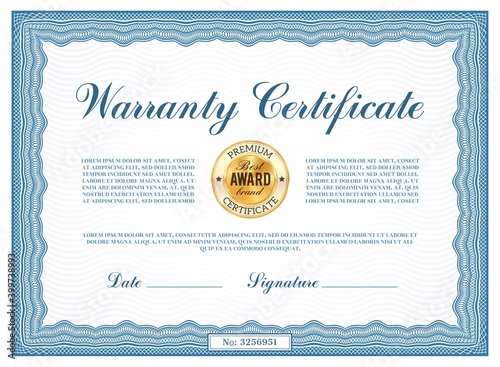 Warranty certificate vector template, diploma border with blue ornate design. Official best award brand frame, paper document for winner appreciation with golden stamp and place for date and signature