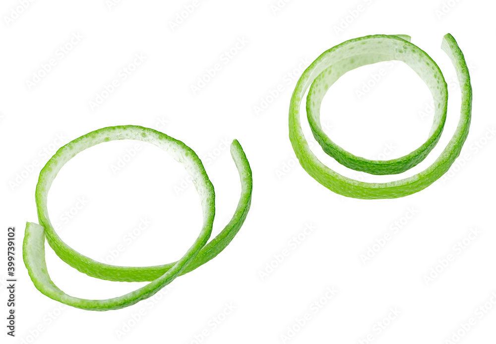 Lime zest isolated on a white background. Healthy food. Lime peel. Lime zest isolated on a white background. Healthy food. Lime peel.