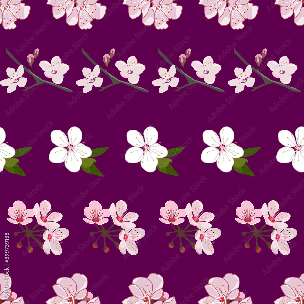 Sakura flowers on purple background repeat pattern