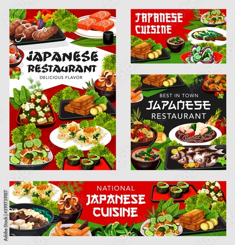 Japanese cuisine vector nicy jaga potatoes with meat, buckwheat soba noodles and salmon. Baked scad, green beans with scallops and eel salad udzaku with braised beef skiaki, Japan food posters set