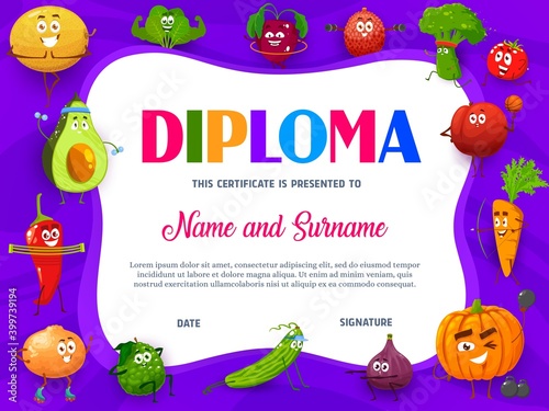 Education school diploma with cartoon fruits and vegetables sportsmen. Kindergarten certificate with vector veggies carrot, pumpkin, onion. Kids award frame template with healthy food sports activity