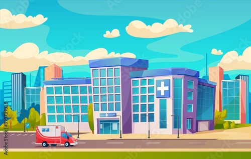 Hospital building or city medical clinic with ambulance cartoon vector of healthcare and medicine. Emergency health care center and doctor office exteriors with front door, glass facade, cross symbol