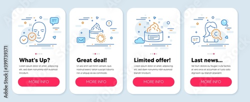 Set of Beauty icons, such as Sun cream, Health skin, Skin cream line icons. Mobile screen app banners. Face lotion, Clean face, Medical cosmetic. Sun cream icons. Mobile screen carousel. Vector