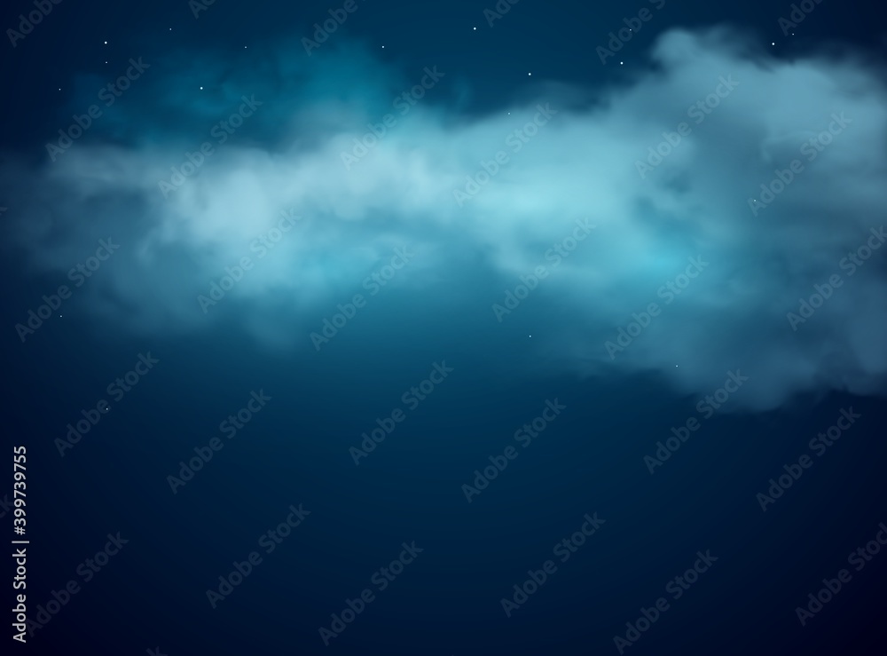 Night sky vector background with realistic stars and clouds. 3d design of fantasy dark blue sky, cloudy heaven with midnight cold air, starry constellations and shining starlight