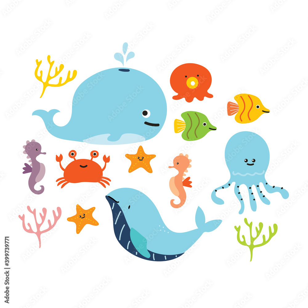 set of hand drawn vector sea creatures with cute pastel color. collection illustration for sticker, label, tag, gift wrapping paper