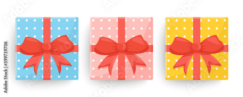 Gift Boxes or Presents set. Colorful wrapped for Birthday, Christmas or Valentines Day holiday greetings and invitations. Vector illustration.