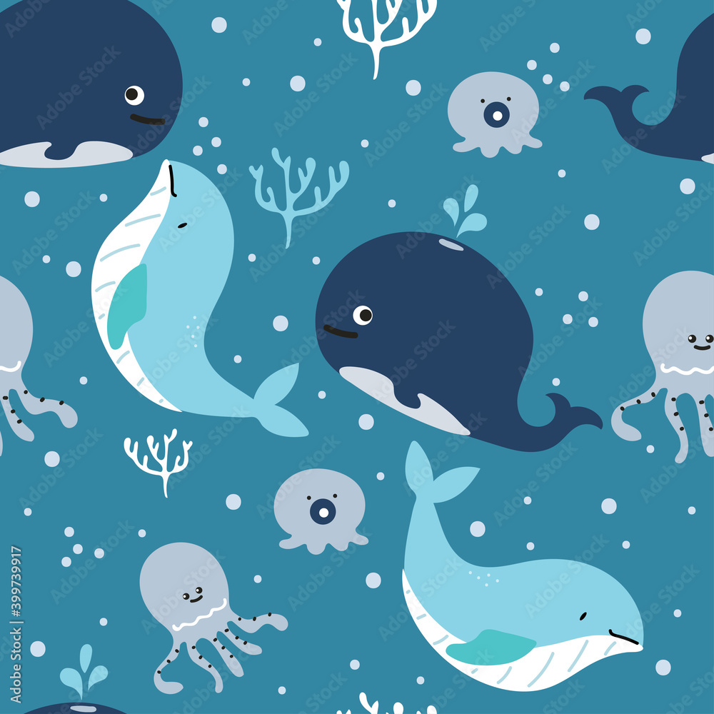 Seamless pattern with cute cartoon sea creatures for fabric print, textile, gift wrapping paper. colorful vector for kids, flat style