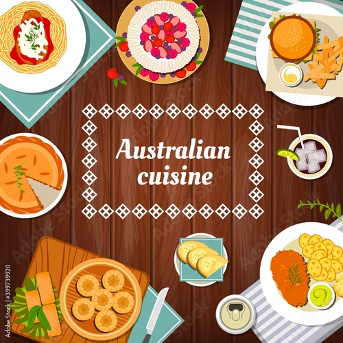 Australian food cuisine, menu dishes and meals, Australia restaurant vector dinner and lunch. Australian traditional cuisine food menu with gourmet meat, sandwiches, snacks and national pastry sweets