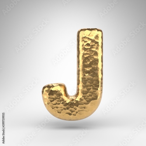 Letter J uppercase on white background. Hammered brass 3D letter with shiny metallic texture. photo