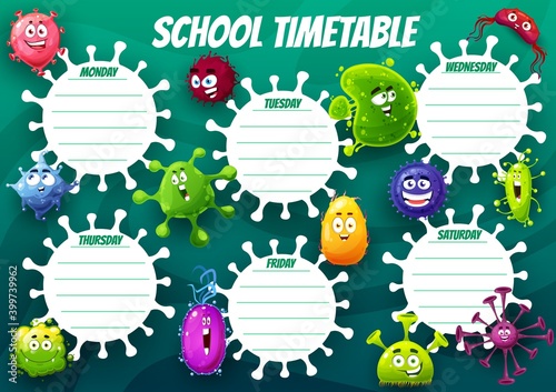 Education school timetable vector template with cartoon virus cells, cute bacteria or germ characters. Kids time table schedule for lessons with smiling pathogen microbe monsters, weekly planner frame