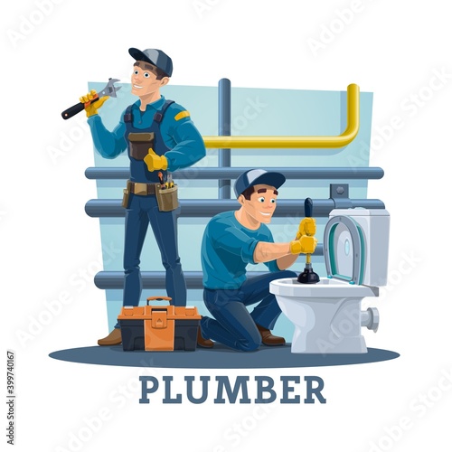 Plumber unclogging toilet bowl with plunger, repairing pipes leakage. Plumbing service repairmen using adjustable spanner, maintaining pipeline, worker with toolbox cleaning clogged toilet vector