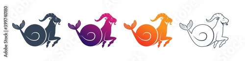 Set of goat profile icons with a large horn and fish tail. Side view. Zodiac astrology symbol of the sheep. Capricorn illustration vector flat design Silhuette as a mascot of fortune and sport.