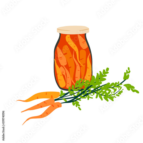 Pickled carrots isolated on white vector illustration. Canned vegetables design element. Fermenting food in cartoon style.