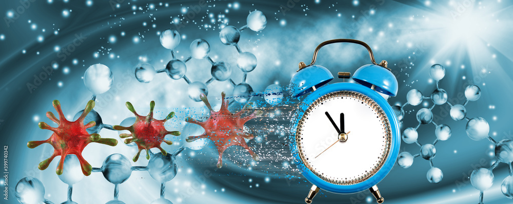 3d- image of stylized sars-сov-2 with an inscription on the background of an abstract image of dna, stylized watches, medical equipment
