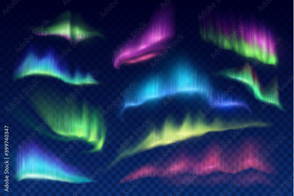 Arctic aurora borealis, vector polar lights, northern natural phenomena isolated on transparent background. Amazing iridescent glowing wavy illumination on night sky. Realistic 3d shining aurora set - obrazy, fototapety, plakaty 