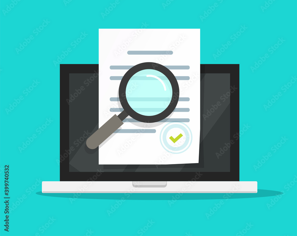 Online compliance document inspection, statement terms audit review on laptop computer vector flat, digital electronic agreement contract analysis, page verification, evaluation or assessment report - obrazy, fototapety, plakaty 