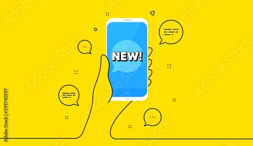 New symbol. Hand hold phone. Yellow banner with continuous line. Special offer sign. New arrival. Mobile phone banner. Continuous line hand. Arrivals bubble. Vector