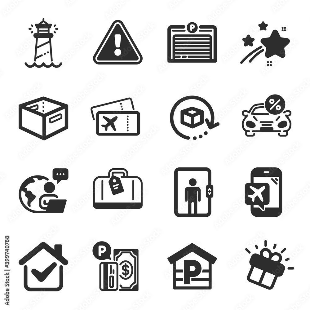 Set of Transportation icons, such as Hand baggage, Parking payment, Boarding pass symbols. Office box, Lighthouse, Gift signs. Return package, Parking garage, Elevator. Car leasing. Vector