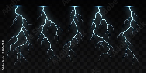Electric or lightning strikes, vector flashes, impact place, plasma or magical energy in blue color. Powerful electrical discharge, realistic 3d electrical thunderbolt on black background isolated set